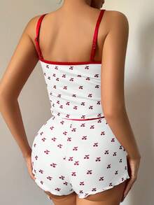 女士家居服套装，樱桃印花露背短裤薄款套装，休闲舒适夏季睡衣睡裤两件套，女士睡衣套装 - 白色 - 查看 5