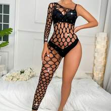1 Piece Women's Handmade Rhinestone Shiny Lingerie - One-Sleeve Legged Bodysuit Fishnet Top, Comfortable Breathable Lightweight, Suitable For Daily Wear, Valentine's Day Gift, New Year Gift, Home Wear, Gift For Friends - 綠色 - 查看 3