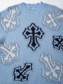 Unisex Casual Loose Fit Cross Jacquard Knit Pullover Sweater, Street Style, Suitable For Spring, Autumn, Winter - Baby Blue - View 4