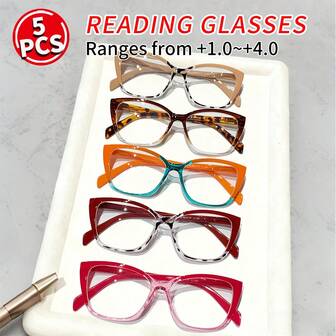5PCS/Set Women's Fashionable Reading Glasses, Y2K Jelly Colored Fashionable Glasses, With Dopamine Multi-Color, Gradient Or Leopard Print Combination Cat Eye Frames, Suitable For Women To Use For Computer Games, Reading, And Personalized Women's Glasses. This Lightweight Flat Light Glasses Are Fashionable, Simple, And Versatile, Suitable For Both Elders And Personal Use.