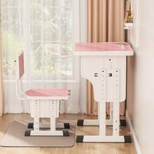 优质简约儿童书桌椅套装，1 张桌子和 1 把椅子，可调节高度，符合人体工程学的设计，配有大书写板、架子和抽屉（粉色、蓝色）