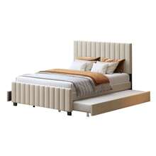 Upholstered Bed With Pull-Out Bed, Velvet Fabric Children's Bed, Youth Bed, Guest Bed, Flat Single Bed For Bedroom And Guest Room Without Mattress - 米色 - 查看 7