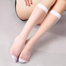 - 1 par de medias largas para mujer, superfinas y transparentes hasta la rodilla, puntera reforzada, de nailon para uso diario, calcetines largos de seda sobre la pantorrilla, calcetines de - inicial - Ver 5