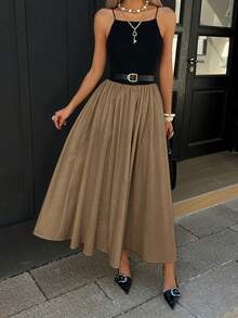 女士优雅派对约会长裙 | 黑色卡其色针织拼接A字高腰连衣裙 | 含腰带 | 适合度假及商务休闲场合 | 2026春夏 - 卡其色 - 查看 5