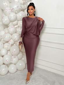 AIJ Amarilo Women's Elegant Brown Glossy Knit Long Sleeve Cold-Shoulder Asymmetric Neck Ruched Hip Slit Maxi Dress, Suitable For Party And Commute, Spring/Summer - Dusty Purple - View 5