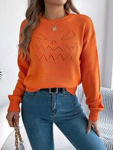 Stylish Women's Round Neck Long Sleeve Orange Sweater Regular Length Knitted Fabric With Hollow Out Accents For Casual Wear - 橘色 - 查看 2