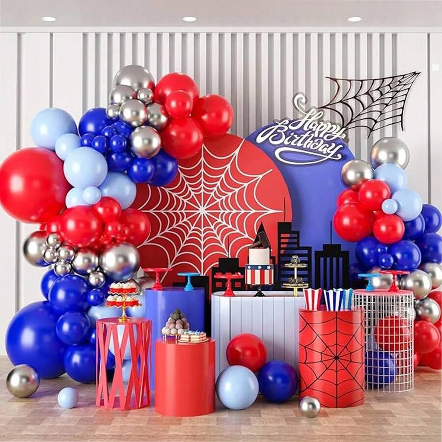 107 Sets Of Red, Black And Royal Blue Latex Balloons In Strings, Suitable For Decoration Of Superhero Spider Parties, Boys' Parties, Children's Birthday Parties, Gender Reveal Events, And Graduation Parties. - Multicolor - View 1