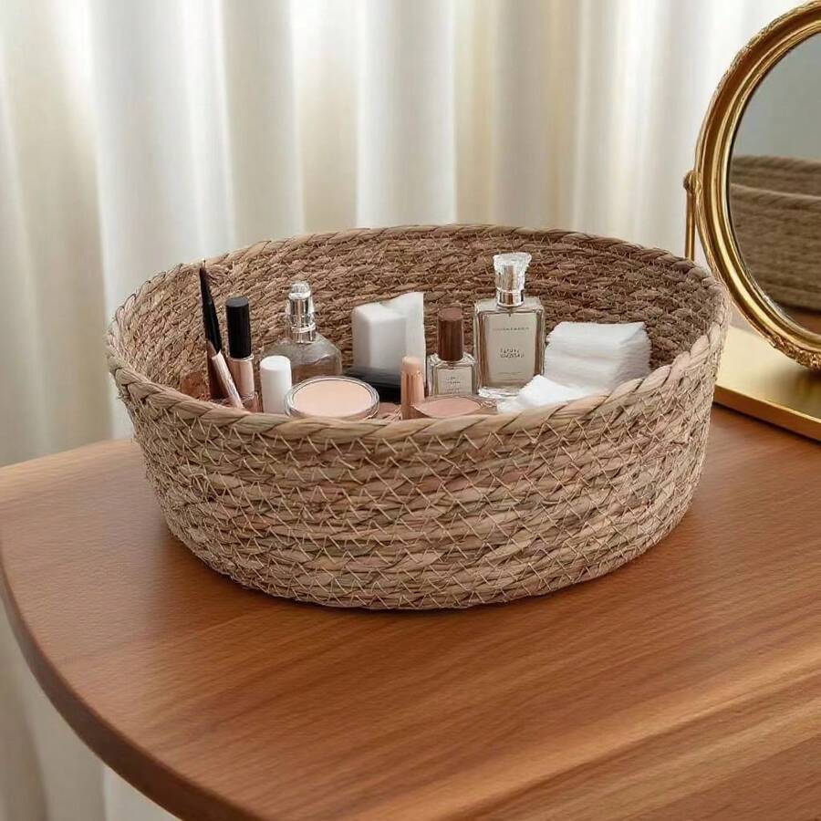 1 pieza/Set de 3 piezas Cesta de almacenamiento redonda de ratán trenzado rústico, adecuada para juguetes, productos cosméticos, decoración del hogar, regalo de boda, y diversos eventos de celebración