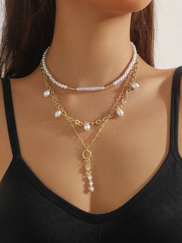 1 Set 3pcs Fashionable Classic Elegant Asymmetrical Pearl Decor Women Necklace Set, Suitable For Daily Wear And Parties, Great Gift For Loved Ones