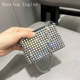 Dancing Engine Sparkling Rhinestone Handmade Hard Case Short Chain Clutch Pouch For Women Wallet Mini Wallet Purse Wallet Wristlet Wallet Coin Wallet