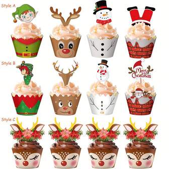 24 piezas/48 piezas Envoltorios para cupcakes con diseño de renos Milu y Papá Noel, decoraciones y suministros para fiestas de cumpleaños, navidad y temas festivos