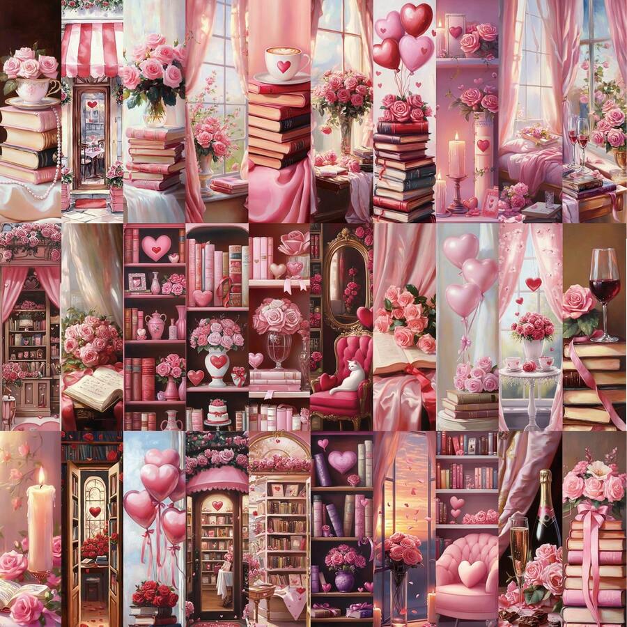 30pcs Valentine's Day Card Bookmarks Pink Style Illustrations Paper DIY Message Cards With Books Flowers For Reading Crafting - Multicolor - View 1