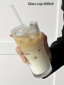 1pc Premium Vertical Striped Straw Lid Glass Cup - Large Capacity Glass Drinking Cup, Suitable For Coffee, Tea, Iced Americano And Latte | Home Milk Cup - Multicolor - View 12