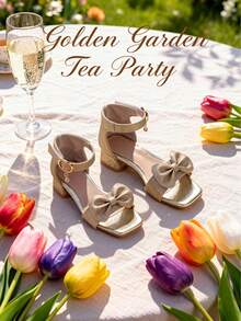 1 Pair Fashionable Children's Gold Sequin High Heel Sandals, Girls' Butterfly Decor Square Toe High Heels, Princess Style For Daily Wear, Suitable For Banquet, Performance, Fashion Dress, Birthday Party, Lightweight Party, Multi-Occasion