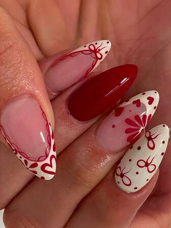 Uñas para el Día de San Valentín, Set de 24 piezas de uñas postizas en forma de almendra con diseños de moño burdeos, lunares y encaje con corazones, perfectas para chicas atrevidas, damas de oficina, fiestas, citas, uso diario y ocasiones especiales.