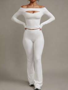 XLLAIS 2024新款性感紧身喇叭裤高腰弹力运动休闲纯色裤新年白色下装 - 白色 - 查看 3