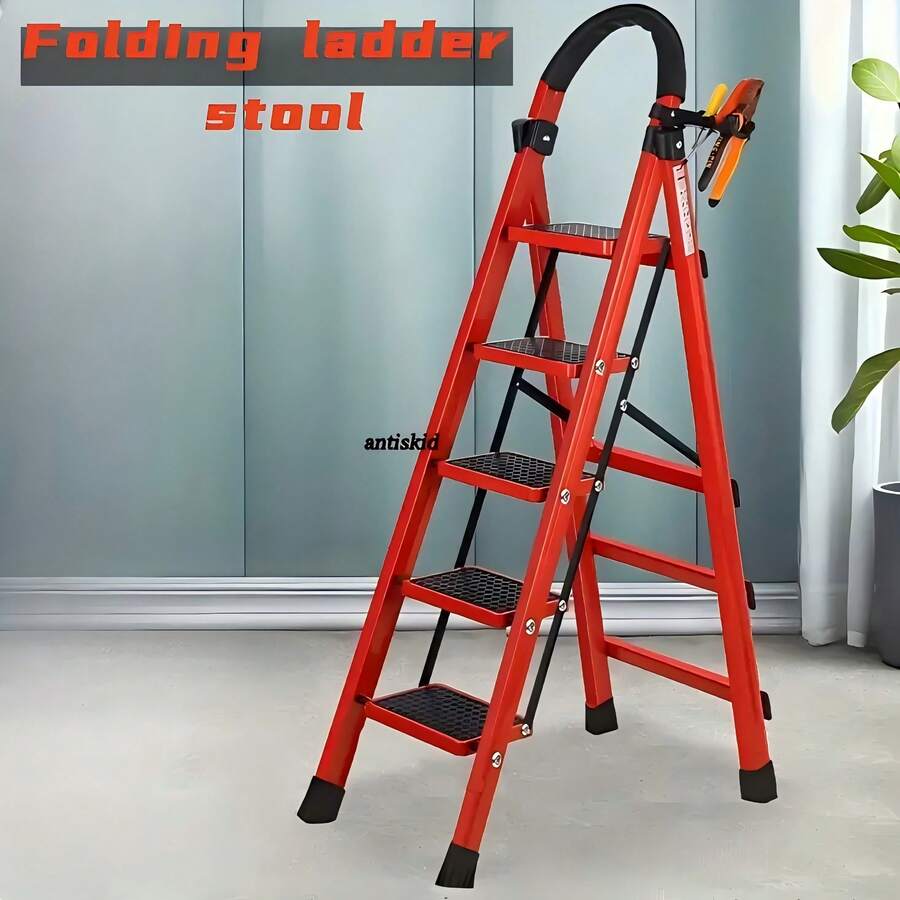 [Durable Folding Ladder] 500 Lbs Capacity, Durable, Lightweight 2/3/4/5-Step Portable Folding Ladder | Heavy-Duty, Anti-Slip Pedals, Sturdy Design For Home And Industrial Use, Ideal For Home, Garage, Workshop, Construction Sites, Robust Handrails - Đỏ - Xem 1