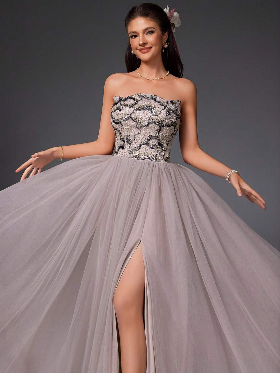 VIPGIRL New Elegant Gray-Purple Sequin Patchwork Mesh Formal Evening ...