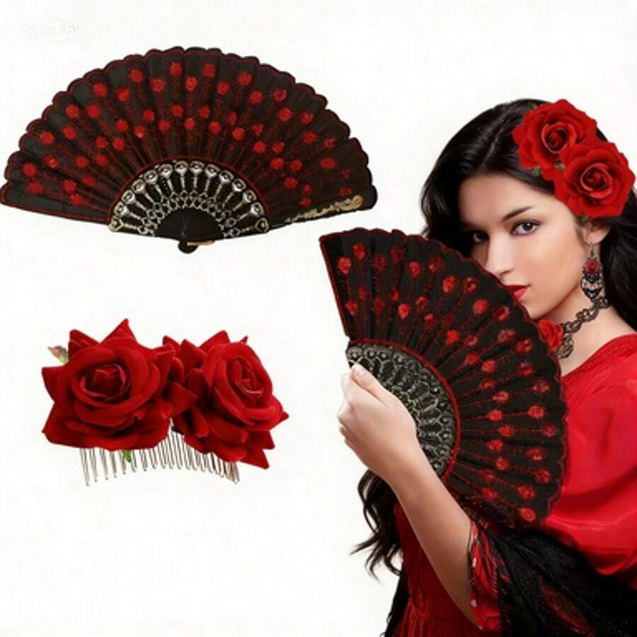 5件套女士弗拉明戈舞蹈服装套装 - 包括刺绣亮片扇、玫瑰发夹、项链和耳环。一套完整的西班牙舞蹈服装，适合弗拉明戈派对、婚礼、角色扮演和舞台表演。