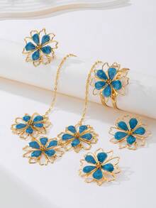1pc Handmade Exaggerated Blue Double-Layer Five-Petal Flower Pendant Necklace, 1 Pair Earrings, 1 Ring, 1 Bracelet - Women Jewelry Set - Blue - View 2
