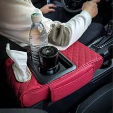 PU Leather Car Armrest Storage Pad With Cup Holder, Phone Slot, Quilted Center Console Pad, Tissue Box And Side Storage Pocket. Universal Design Fits Most Vehicles. - one-size - View 6