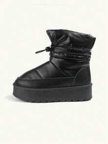 1 Pair Teens Black Fashion Versatile Thermal Lined Slip-On Snow Boots, Drawstring Laces, Flat Bottom, Thick Sole, Comfy, Warm, Casual Teens Booties, Suitable For Cold Weather Outdoor Activities, Daily Commuting, Snow Play, Campus And New Year Outfits, Autumn And Winter - Black - View 5