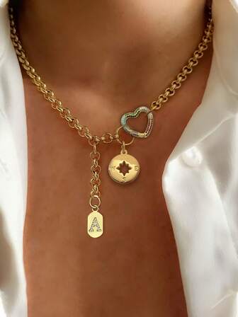 1pc STYLEVER Gold Letter Pendant Necklace With Colorful Diamond Clasp And Stainless Steel Chain, Suitable For Work, Daily Life, Party, Banquet And Ball Occasions. It Is A Unique And Luxurious Necklace For Women.