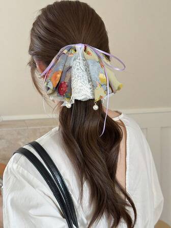 Vintage French Oil Painting Style Multi-Layer Bow Ponytail Clip, Elegant Retro Hair Clip Accessory For Women