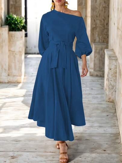 Vestido Largo Elegante Hombro Descubierto Manga Bombacha Con Cinturón Ajustable Casual Para Mujer
