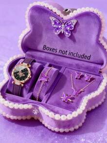 6/5件套女士时尚优雅蝴蝶图案表盘石英表，适合女性佩戴，可搭配蝴蝶首饰项链、手链、戒指和耳环，非常适合作为女士生日/节日礼物，也适合返校、聚会和旅行等日常场合。毕业季、圣诞节、情人节，是送给女士的完美礼物。 - 彩色 - 查看 10