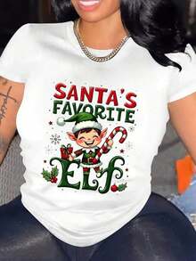 Women's Christmas Elf Print T-Shirt - Santa's Favorite Casual Round Neck Short Sleeve Tee, Festive Holiday Graphic With Santa Hat & Candy Canes, White Polyester Casual Top For Spring Summer-1-12025 - 白色 - 查看 12