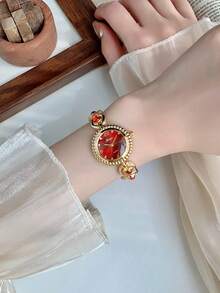 1pc Women's Gold/Green Wrist Watch, Minimalist New Small Dial Design, Elegant & Fashionable, Quartz Movement, Suitable For Daily Wear/Party - 紅色 - 查看 2