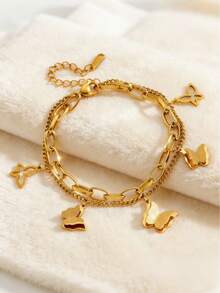 VceTd 1pc/2pcs Elegant Stainless Steel Butterfly/Cross Shaped Pendant Bracelet, Suitable For Women's Daily Commute Or Outings, Afternoon Tea With Friends, Dates, Or As A Holiday Gift For Loved Ones - Yellow Gold - View 1