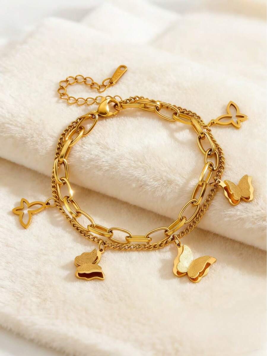 VceTd 1pc/2pcs Elegant Stainless Steel Butterfly/Cross Shaped Pendant Bracelet, Suitable For Women's Daily Commute Or Outings, Afternoon Tea With Friends, Dates, Or As A Holiday Gift For Loved Ones - Yellow Gold - View 1