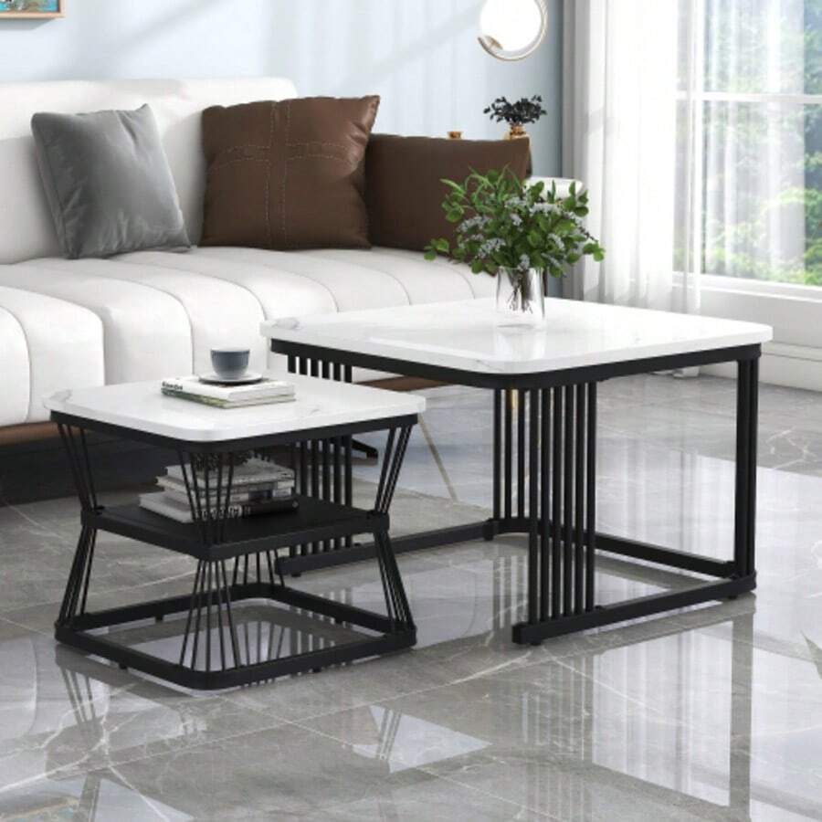 N625p173136z) Set Of Modern Side Tables In Marble MDF, Tubular Steel, Glossy Black And White, Two Tables Measuring 65x65x45 Cm And 45x45x39.5 Cm - White - View 1