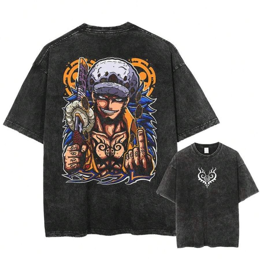 Onee Piecee Trafalgar Law Oversize T-Shirt, Anime Double Printed Vintage Unisex Oversize Anime Manga Heavyweight Cotton T-Shirt - màu đen - Xem 1