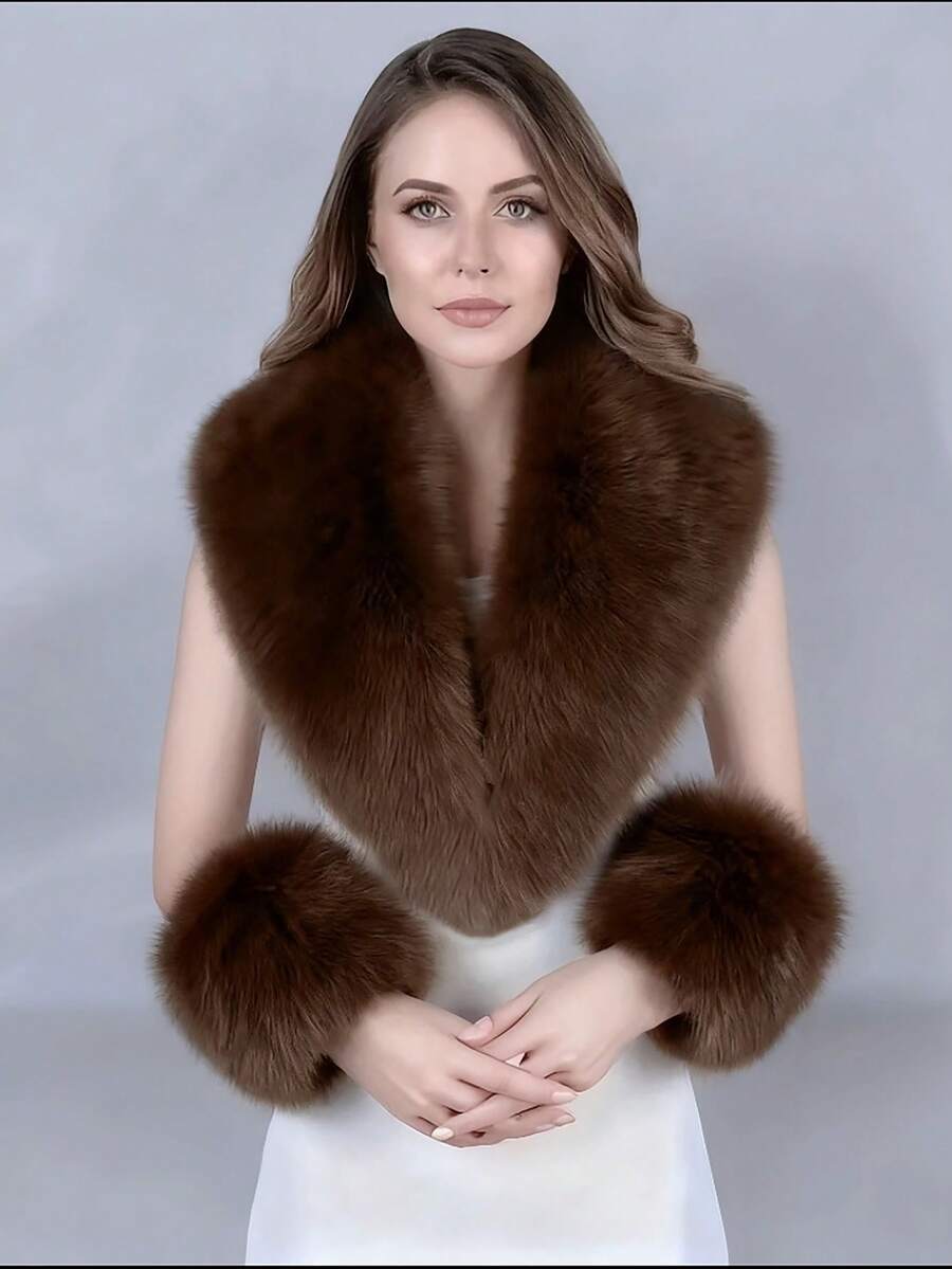 3 PiecesSet Double-Layer Fleece Lining Shawl - Soft & Comfortable, Original Design, Handmade, Faux Fur, Warm Cloak, Suitable For Bridal Gown, Winter Women Accessory - A - View 1