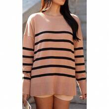 Striped Long-Sleeved Sweater Blouse, Fashionable Oversized Knitwear. - 米色 - 查看 2