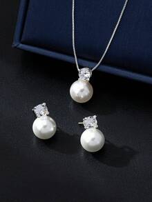 3pcs/Set Minimalist Everyday Glass Pearl & Zirconia Stud Earrings, Necklace Set, Suitable For Work, Wedding, Mother's Day Gift - Silver - View 6