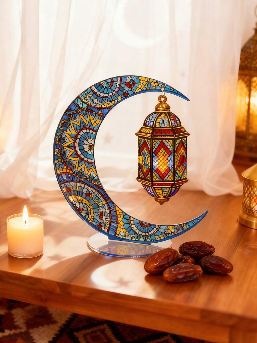 1/2pcs Moon Lantern Desk Decor, Colorful Pattern, Moon Shape, Holiday Home Decor, Night Light Style, Centerpiece, Boho Aesthetic, Display Stand Decor, Living Room Bedroom Shelf Decor, Holiday Party Ambiance Accent, Modern Art Moon Lantern Style Upright Decor, Vibrant Pattern, Home Decor, Spiritual Corner Decoration, Indoor Styling Accessory