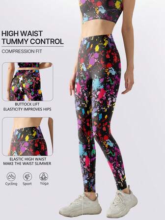 1pc Women's High Waist Tight Fit Colorful Graffiti Print Leggings, Quick Dry Breathable Running Workout Pants, Pilates Training Waist Cinching Butt Lifting Yoga Tights, High Stretch Compression Skinny Sports Base Layer Pants, Suitable For Outdoor Cycling All Seasons