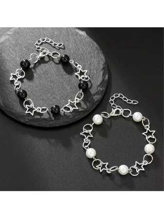 2pcs Minimalist Versatile Personality Hiphop Style Couple Hollow Star & Faux Pearl Black Agate Beaded Bracelet, Suitable For Couples Everyday Casual Wear, Valentine's Day Gift, Wedding, Music Festival, Party, Holiday
