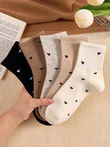 5 Pairs Of Women's Ankle Socks, Heart-Shaped Black And White Crew Socks, Easy And Comfortable, With Random Colors - Multicolor - View 9