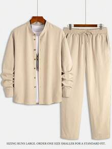 Men's Casual Fashion Set, Solid Color Stand Collar Full-Zip Long Sleeve Shirt Paired With Soft Drawstring Loose Straight Pants, Essential 2 Pieces Suit , Fall Clothes