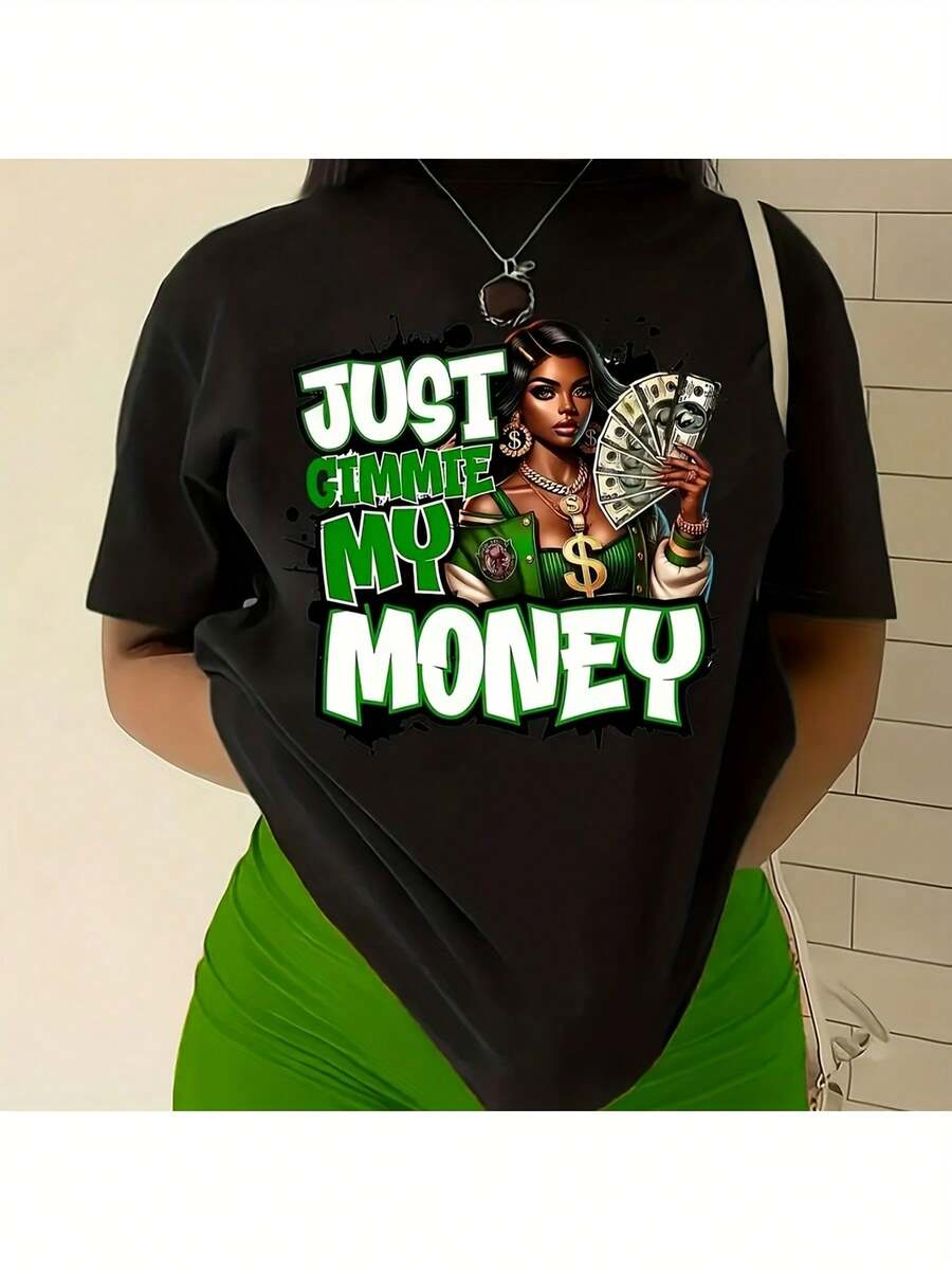 LocalMen'S Funny "Just Gimmie My Money" Graphic T-Shirt - Bold Dollar Signs & Cash Design With Money Motif, Black With Green & Golden Print, Short Sleeve Round Neck Casual Tee For Men, Humorous Statement Shirt For Casual Attire & Themed Events - Black - View 1
