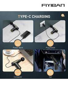 FIYIBAN 便携式可充电按摩枪，配有4个可替换按摩头，深层肌肉放松，USB充电，锂电池，1800mAh容量，运动户外电子配件