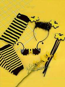 Carnival Bee Themed Party Costume Props Set, Includes Bee Socks, Arm Sleeves, Skirt, Headband, Glasses, Wand, Wings