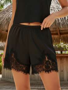 Lace Trim Silk Satin Mini Slip Shorts Women Low Rise Micro Pajama Shorts Patchwork Going Out Lounge Bottoms - Black - View 2