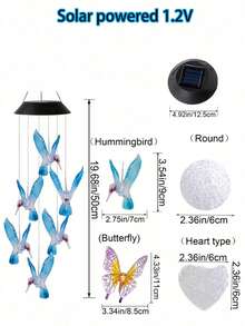 1pc Solar Powered Hummingbird/Butterfly/Heart/Round Wind Chime Light, 6 Colorful LED Hanging Lamp, Romantic Purple Butterfly, Blue Hummingbird Design, Suitable For Patio, Balcony, Outdoor Garden Decor, Party, Holiday Atmosphere (Solar Powered) - Multicolor - View 10