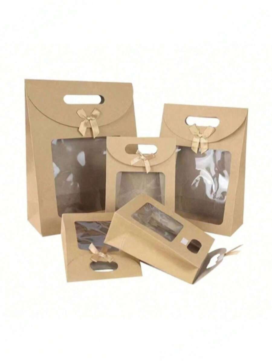 5pcs Bow Knot Transparent Window Handbag, Extra Large/Small/Medium/Large Brown Gift Tote Bags - Khaki - View 1